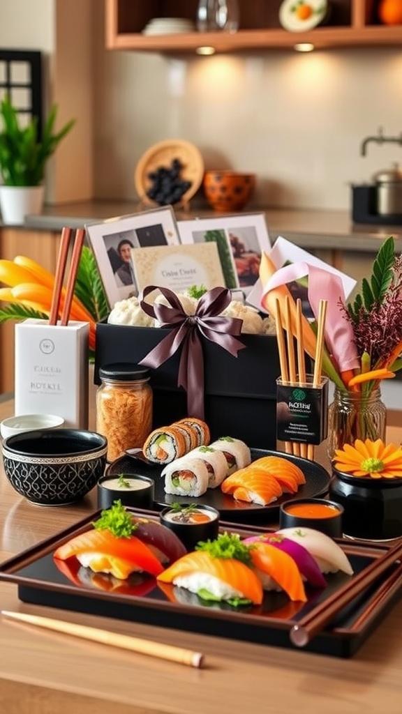A collection of sushi gift ideas including a sushi-making kit, fresh ingredients, and stylish accessories.